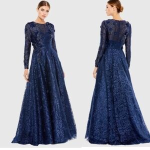 Mac Duggal Embellished Illusion Long Sleeve A Line Gown Navy Sz 4 NWT a11121